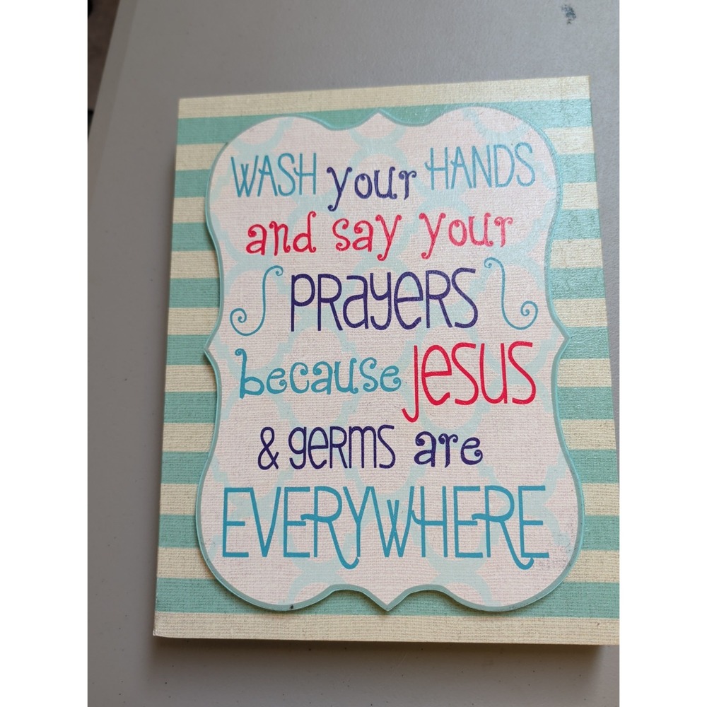 Hobby Lobby Wash Your Hands Say Your Prayers Wall Art Sign Blue Wood 14x11 In